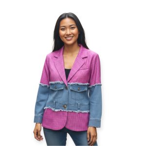 Bold Contrast Blazer Jacket – Denim & Pink Checkered Fusion