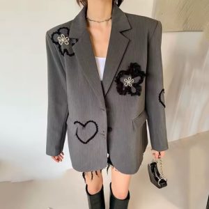 Embroidered Oversized Blazer – Charcoal Grey