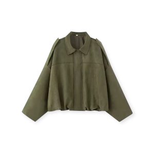 Oversized Suede Jacket in Olive Green