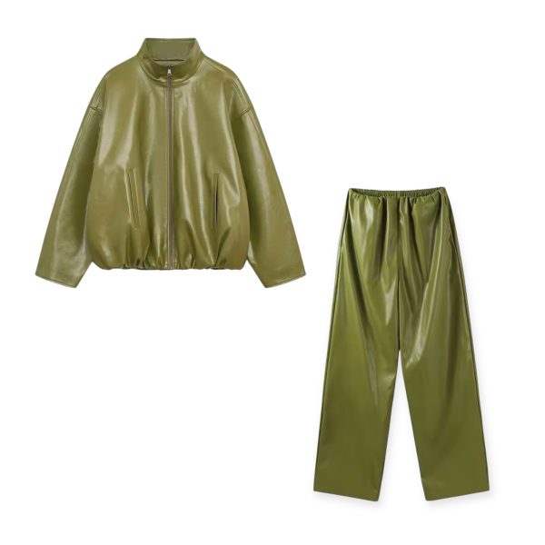 Olive Faux Leather Wide-Leg Trousers - Image 4